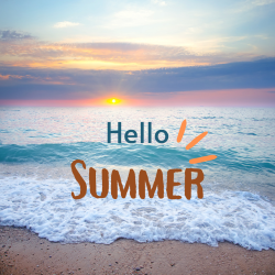 Photo of a beach with the words "Hello Summer"